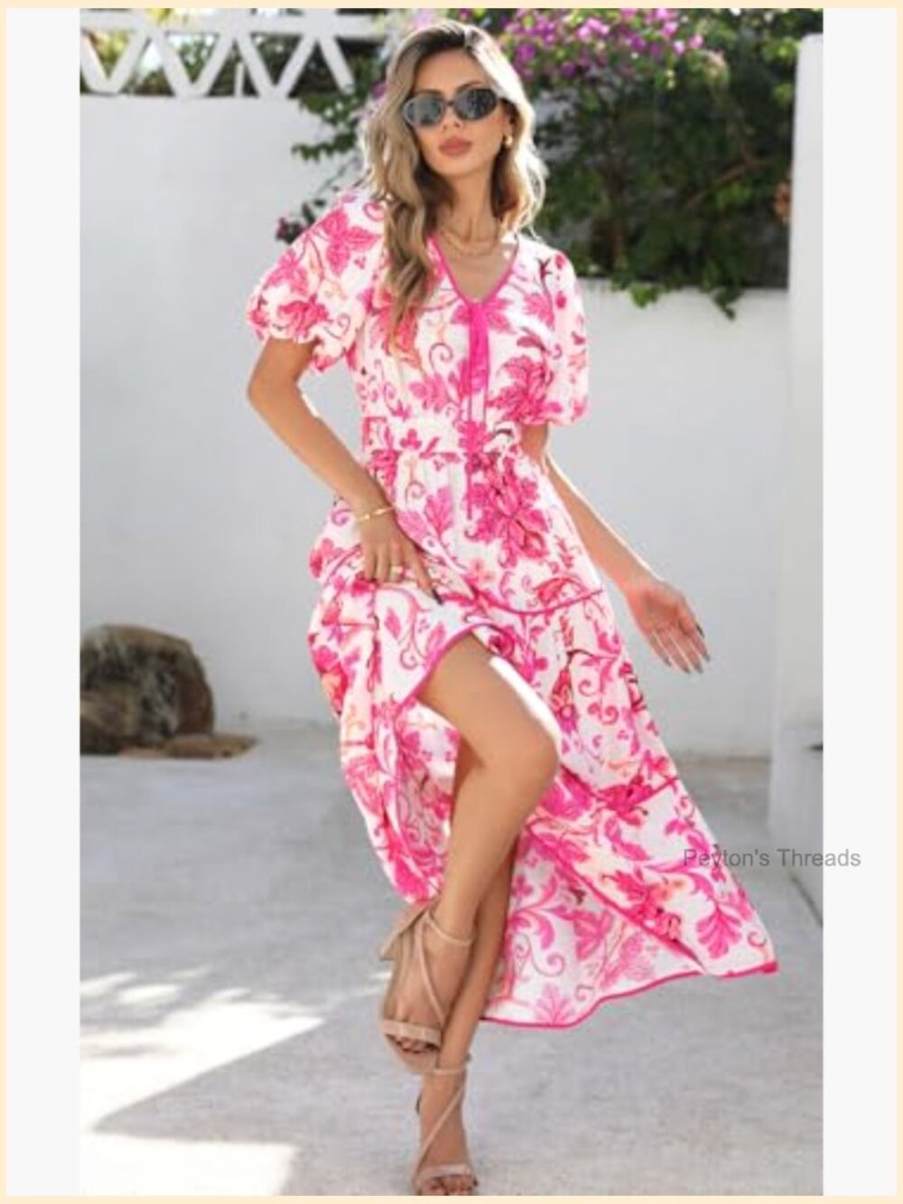 Boho Flowy Tiered Maxi Dress Wedding Guest V Neck Puff Sleeve - Picture 5 of 7